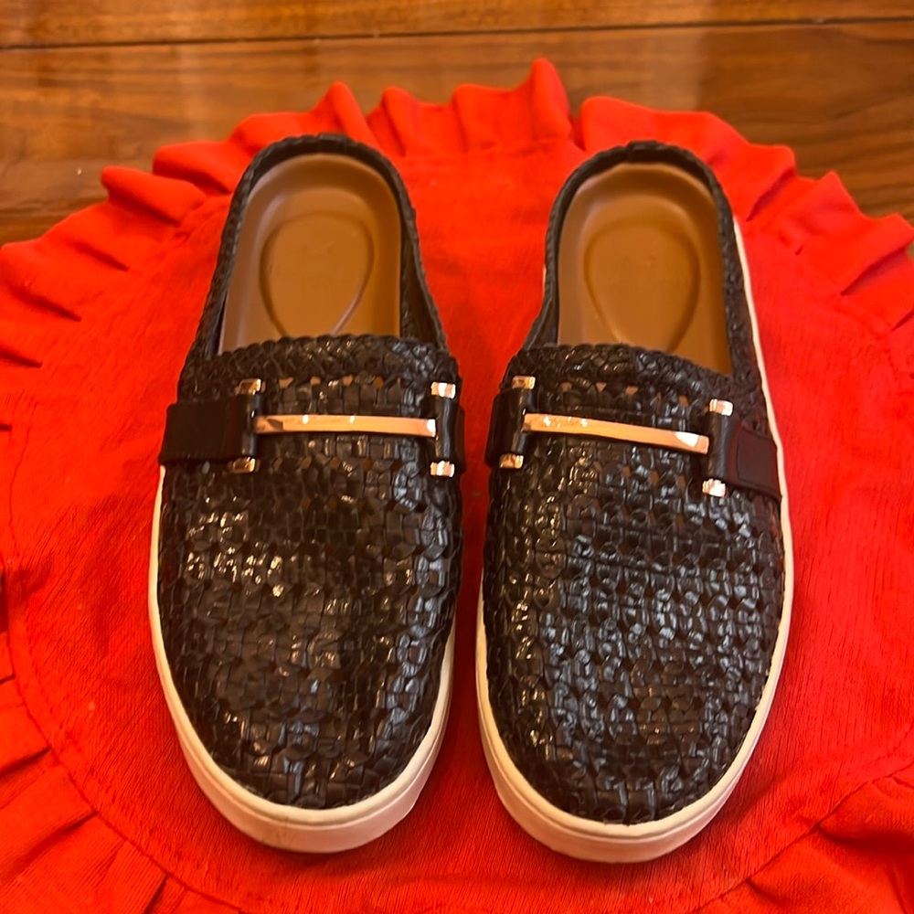 H for Halston black weaved with rose gold buckle slip on